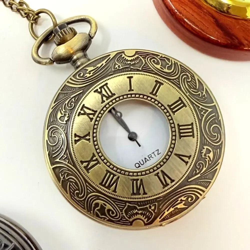 Lot 4 Pocket Watch Locket Pendant Necklaces Silver Gold Tone Wood Repousse